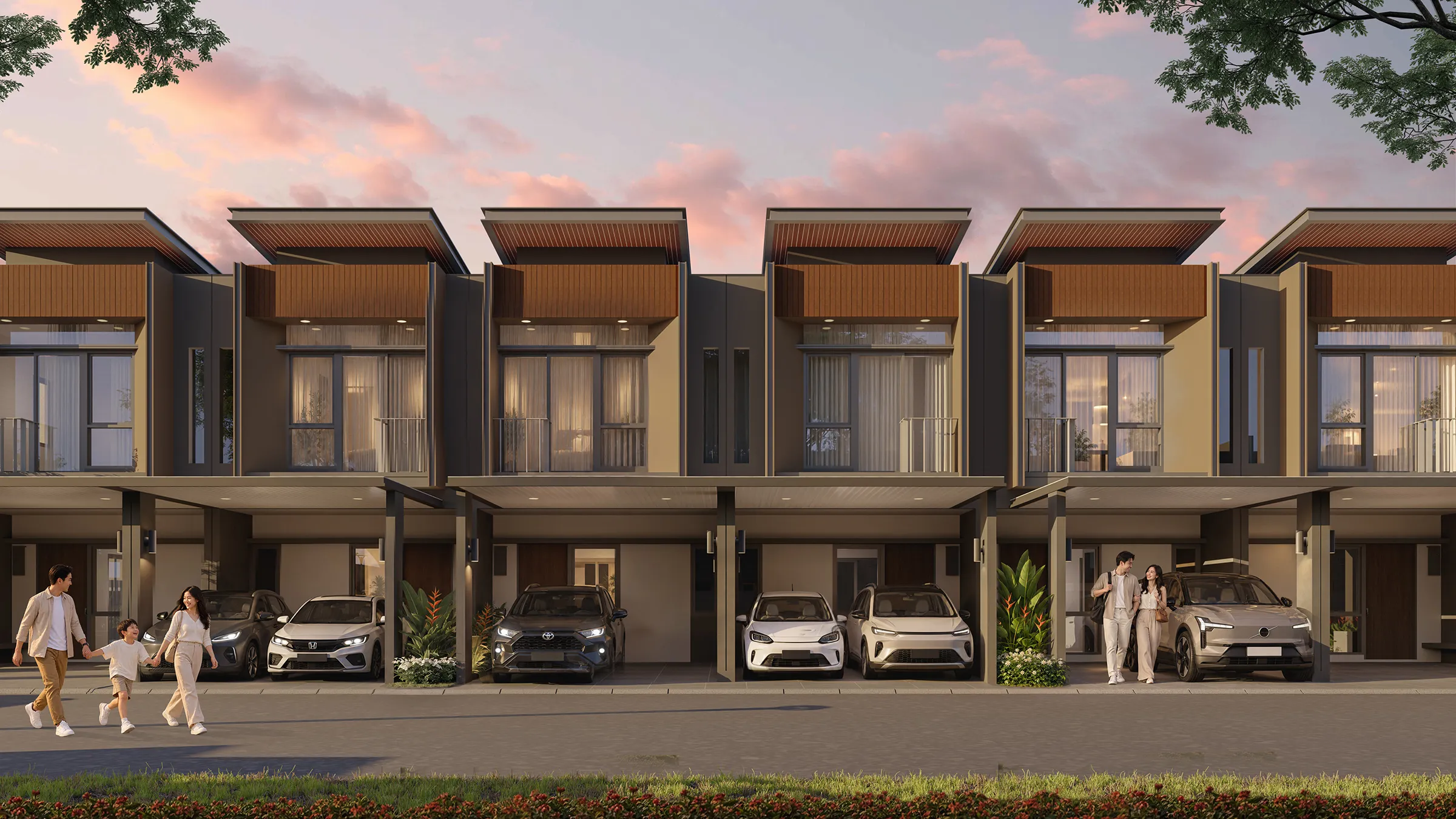 Row of Type 5 houses at Scotts Vale at sunset